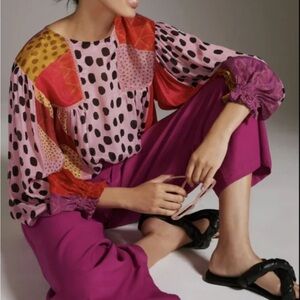 Bl-nk for Anthropologie Miranda Peasant Blouse - pinks and polka dots - size XL